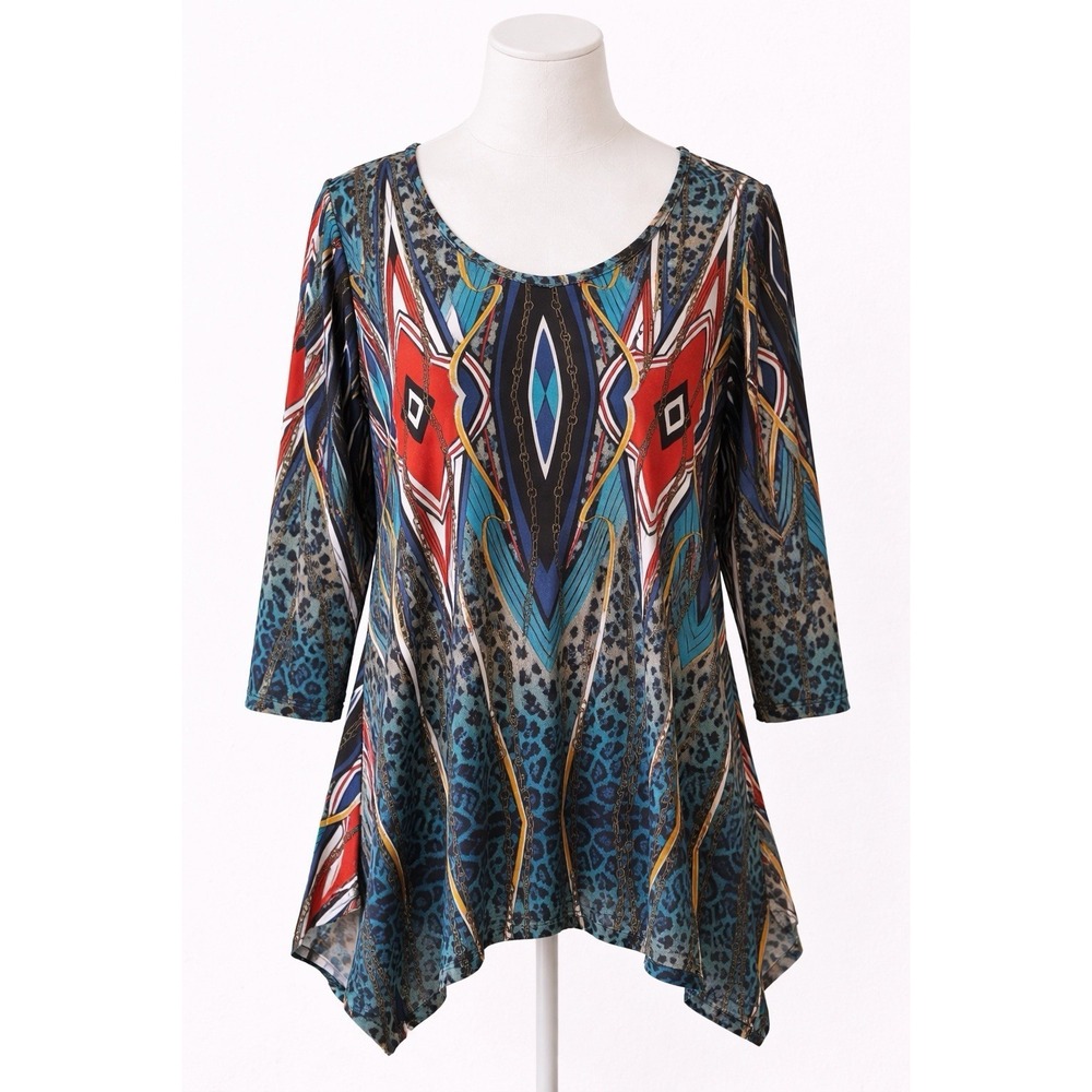 J&L Geometric Chain Print Tunic Top Women M Blue‎ Sharkbite 3/4 Sleeve